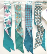 NEW 4 Pc Skinny Scarf Set - Neck Wrap Hair Tie Bag Bow - Teal, Blue, Green - NIP