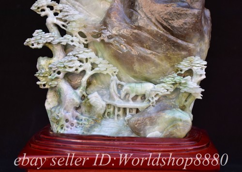 15.6" Chinese Natural Dushan Jade Hand Carved Mountain Tree Figure Statue - Picture 4 of 15