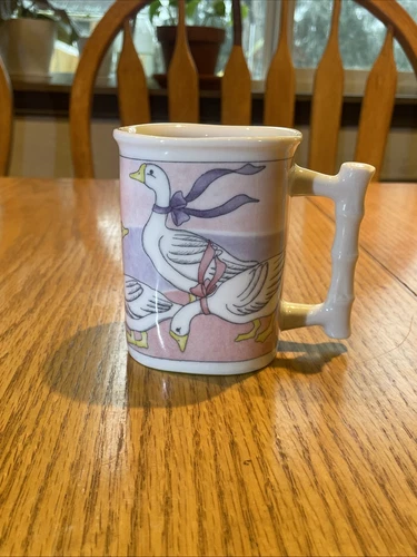 Vintage Geese With Ribbons Themed Coffee Mug Pink Background Bamboo Like Handle