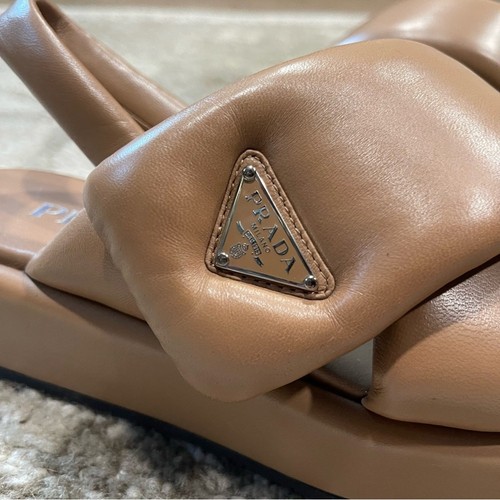 Prada | Soft Padded Nappa Leather Wedge Slingback Sandal In Camel Size: 37 - Picture 6 of 14