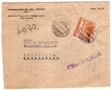 CHILE, 1944, REGISTERED COVER TO ARGENTINA, RAILWAYS, COQUIMBO CANCEL