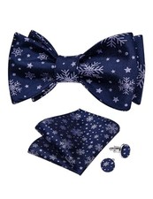 Mens Christmas Bow Tie Silk Festival Self Bowtie and Blue and White Snowflake