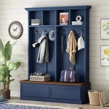 Farmhouse 4-in-1 Hall Tree with Wood Grain Bench, Mudroom Versatile Coat Rack