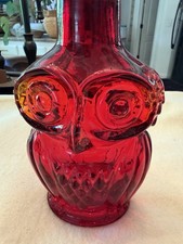 VINTAGE MCM VIKING ART GLASS AMBERINA RED OWL DECANTER BOTTLE VASE
