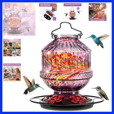 Hand Blown Glass Hummingbird Feeders for Outdoors, 25 Ounces Wild Bird Nectar...