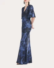 Sachin & Babi Mae Blue Black Floral Print Satin Crepe Trumpet Gown Size 4 $365