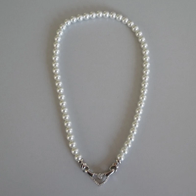 Collana Di Perle 8Mm Con Chiusura A Cuore Gioielli Da Sposa Bianco - Immagine 2 di 4