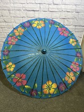 Blue Paper Bamboo Vintage Parasol Tropical Decorative Traditional Asian Style