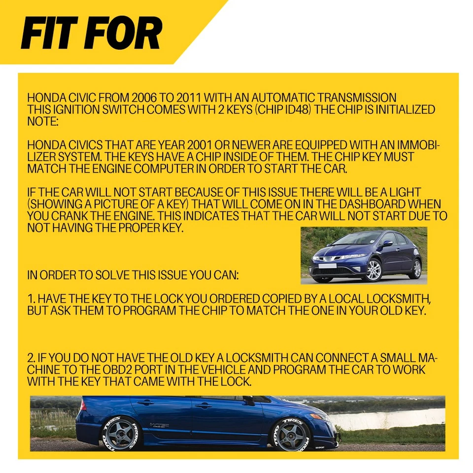 Ignition Switch Lock Auto Cylinder Trans Fit For 2006-2011 Honda Civic w/2 Keys - Imagem 3 de 4