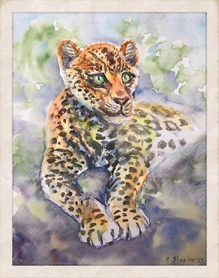 Original Watercolor Animal painting 9x12 Wild Cat Wall Art Leopard Artwork