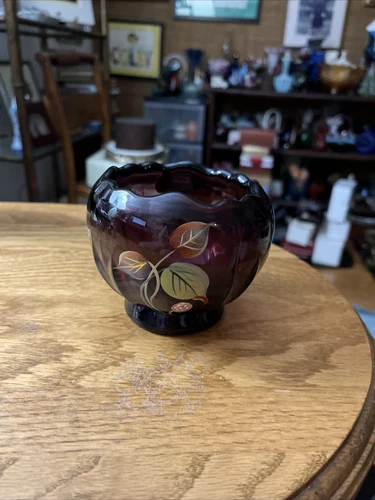 Fenton Rose Bowl Aubergine Hand Painted with leaves by Artist Everson