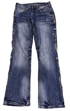 Cowgirl Tuff Western Denim Brave Wings Silver Feather Embroidery Jeans SzW:27/31