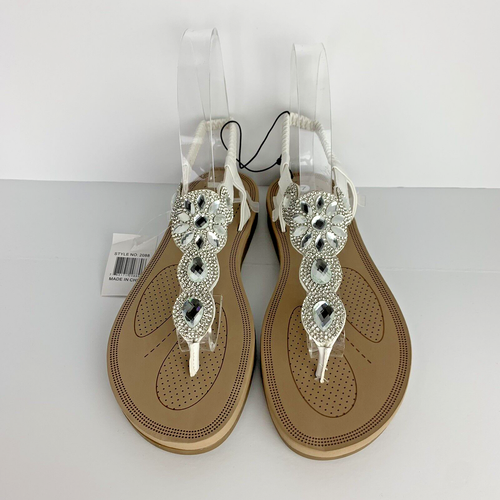 Sandals Women's White w/Jewel Flat T-Strap Slingback Flip Flops By Peacocks  Sz10 | eBay