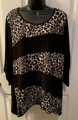Notations Pullover Stretchy Black Animal Print Top 1X Sharkbite Hem