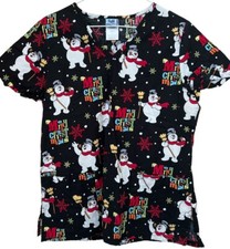 Frosty the Snowman Scrub Top Shirt Medical Uniform Nursing V-neck Size Small