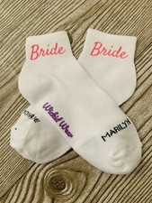 Bride Socks, Women  s Size 4-10. Wt. Half Crew Socks With Pink Bride On The Side.