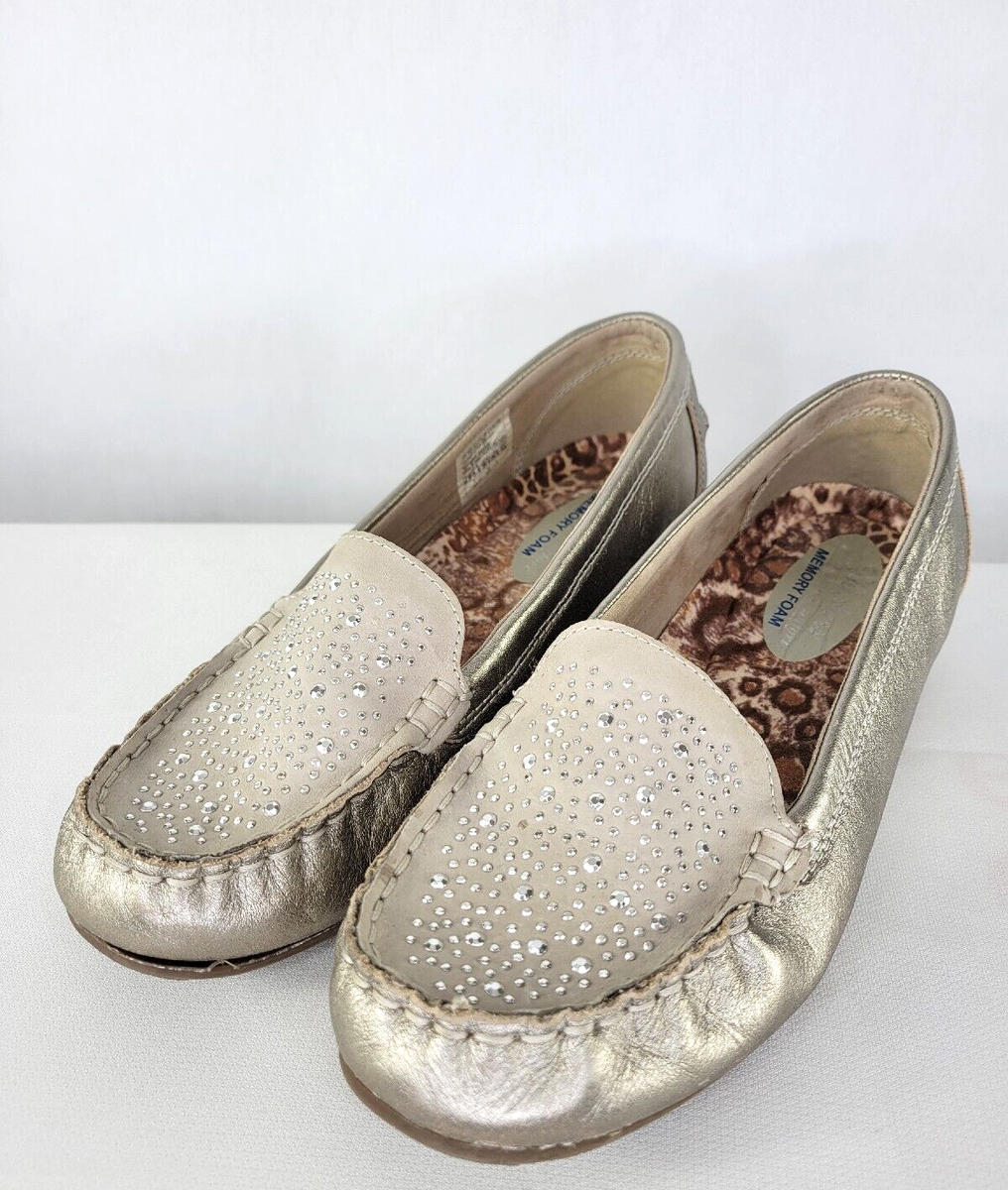 Skechers 8 1/2 Gold Taupe Rhinestone Loafer Moccasin Memory Foam