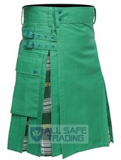 Men's St. Patrick Tartan Hybrid Utility Cargo Pockets Kilt, Scottish Men's Kilt,