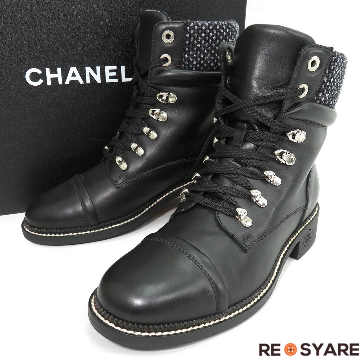 CHANEL G31057 Tweed Leather Lace-up Trekking Mountain Boots Men's size:41