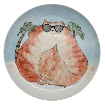 Hand Painted Fat Cat Plate Vintage Wendy Dorchester Signed Orange Tabby w Shades