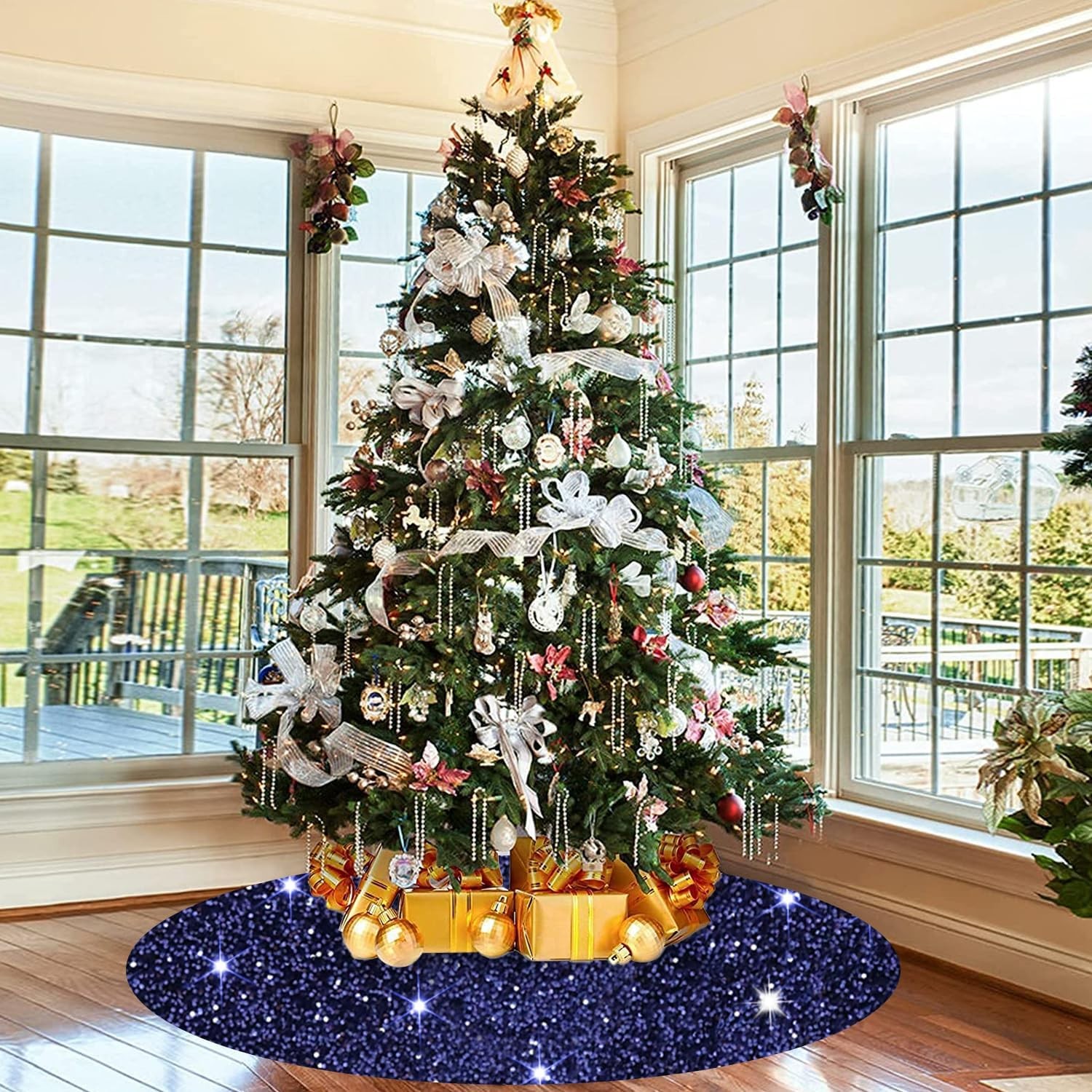 Navy Blue 36 Inch Sequined Christmas Tree Skirt, Navy Velvet