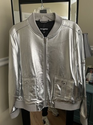 Karl Lagerfeld Shimmering Silver Faux Leather Bomber Jacket Size Large
