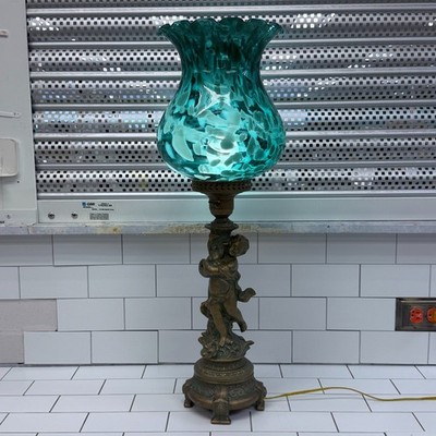 Victorian Revival Lamp Aqua Glass Shade Cherub Banquet 1970s