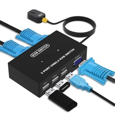 USB VGA KVM Switch for 2 PC Sharing 1 Video Monitor and 2 Port KVM, Black 