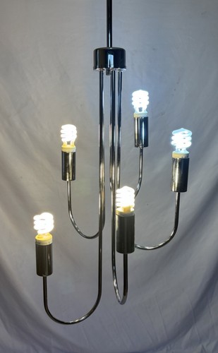 Vintage Mid Century Chrome Tone 5 Light Waterfall Swag Lamp Chandelier - Picture 9 of 20
