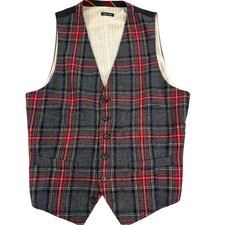 J Crew Suit Vest Mens M Gray Plaid Tweed Belted Back Lined Dress Waistcoat