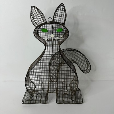 Vtg Metal Wire Mesh Cat Garden Sculpture Green Eyes Folk Art Decor Hinged Head
