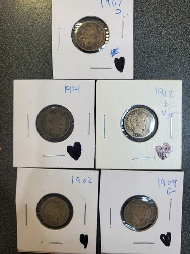 Barber Dime 10C Silver Lot of 5 Mixed Dates  #368