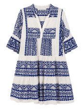 Greek Archaic Kori White/Blue Geometric Embroidered Shift Dress Size S