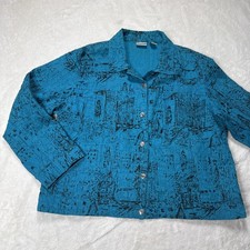 Chico's Scenic Print Jacket Sz 3 US XL  Blue 100 Cotton Button Front Textured