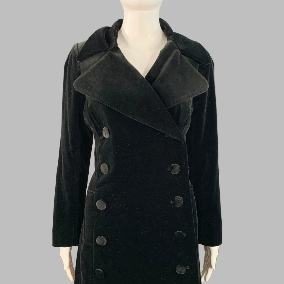 BIBA Talla M Abrigo Trench De Terciopelo Negro Doble Botonadura - Imagen 2 de 4