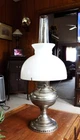 PLUME & ATWOOW Nickel Plated Center Draft OIL LAMP ~ MILK GLASS Flat Top SHADE
