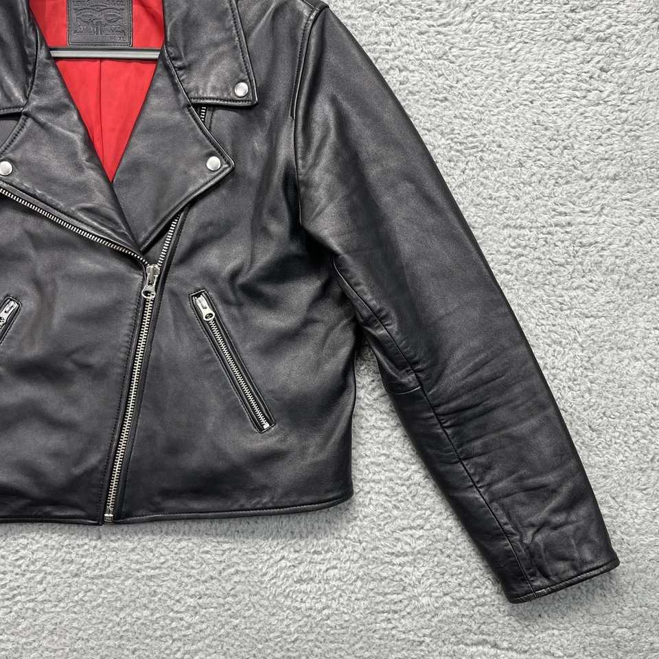 Chaqueta de cuero Levi's para mujer XL negra motociclista cremallera asimétrica forrada en rojo Foto 4 de 4