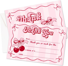 Kids Thank You Cards, Pink Bow Themed Fill in the Blank Thank You Notes with Env