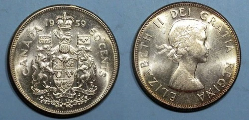 SILVER! SILVER! SILVER! 1959 CANADA SILVER HALF DOLLAR CHOICE UNC #591-81