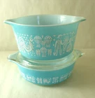 2pc Vintage Pyrex BUTTERPRINT AMISH Casseroles # 471 & 473 Turquoise w lid