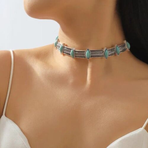 Western Antique Silver & Turquoise Southwestern Boho Choker Necklace NEW