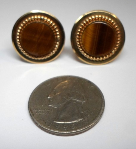 Vintage KREMENTZ CUFFLINKS w/ TIGER EYE STONES Round Beaded Style Gold Tone - Picture 6 of 6
