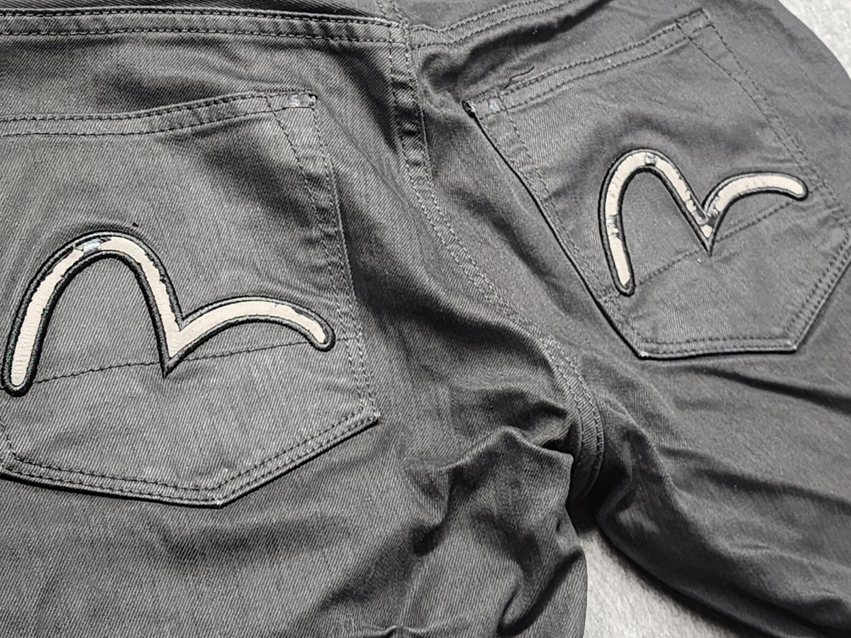 EVISU Waxed Denim Black BIG LOGO Pocket Logo Skinny Fit 32