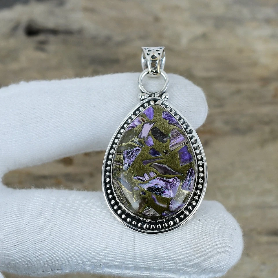 Pendente In Charoite Di Rame In Argento Sterling 925 Per Regali Di Nozze - Immagine 2 di 4