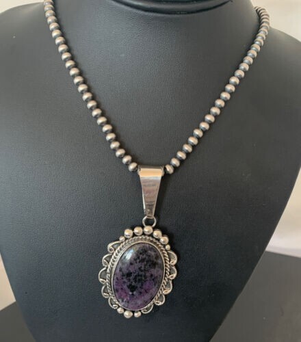 Men Navajo Pearls Sterling Silver Purple Stone Pendant Necklace 01535 - Picture 5 of 12