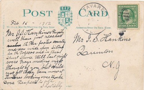 TAVARES FLA. OVATE BARRED DUPLEX CANCEL. FL. SENT TO: QUINTON, N.J. 1912. - Picture 2 of 3
