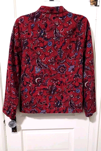 Appleseeds Button Denim Jean Jacket Petite PM Medium Red Blue Floral Pockets - Picture 3 of 12