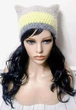 crochet womans handmade hat kitty cat ears beanie yellow gray new
