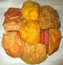 BBI LOT PURE SILK Vintage Sari REMNANT Fabric 12 PCS 1 FT GOLD CRAFT FAT QUARTER