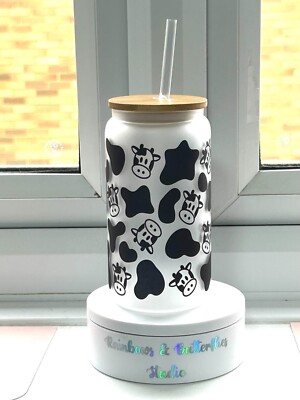 'COW FACE PRINT' 470ML (16OZ) LIBBEY MATTIERTES ODER KLARGLAS BECHER MIT STROHHALM.